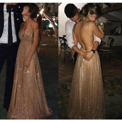 Glitter Gold Sequined Long Prom Dresses Sexy Backless Spaghetti Straps Evening Gowns Holidays Beach Special Occasion Dress
