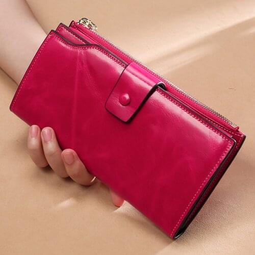 Genuine Leather RFID Blocking Long Wallet for Women Lady Luxury Oil Wax Leather Coin Purse
