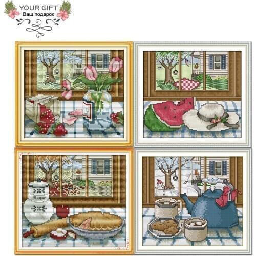 Joy Sunday F497F498F499F500 14CT 11CT The Spring Summer Autumn Winter Outside The Window Needlework DIY Home Decor Cross Stitch