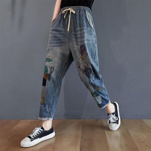 Denim Harem Pants Femme Jeans Mujer Autumn New Arts Style Women Vintage Embroidery Loose Jeans Plus Size Cotton