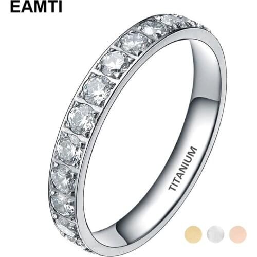 Eamti 3mm Black Rose Gold Titanium Ring Women Cubic Zirconia Engagement Rings Eternity Wedding Band Trendy Silver Color