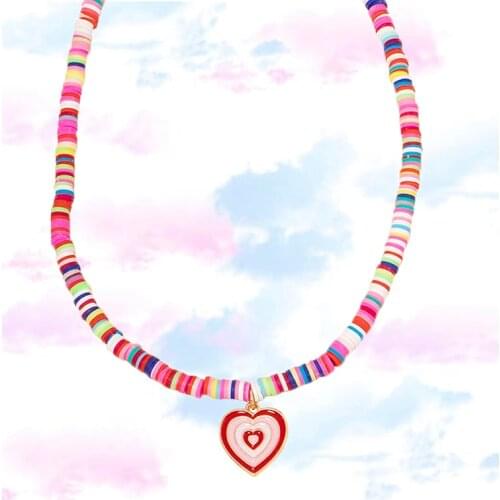 90s Aesthetic Rainbow Soft Pottery Pink Heart Necklace for Women Vintage Nostalgic Bohemian Necklace Charms Y2K Jewelry New Gift