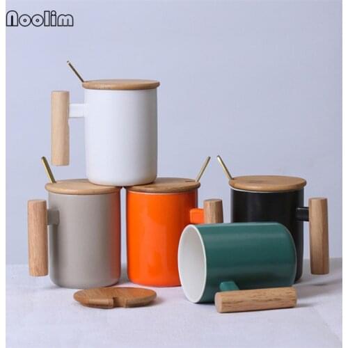 Nordic Ceramic Coffee Mug with Wooden Handle and Lid Porcelain Minimalist Breakfast Milk Mug Office Tea Cup Drinkware 380ML
