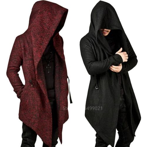 Halloween Viking Pirate Cosplay Costume Men Punk Gothic Nordic Irregular Hooded Jacket Solid Color Casual Fashion Wizard Trench