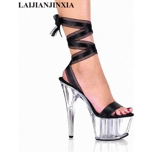 LAIJIANJINXIA 15CM Ultra High Heels Shoes Crystal Ribbon Platform Sandals 6 Inch Heel Interchangable Ribbon Laces Womens Shoes
