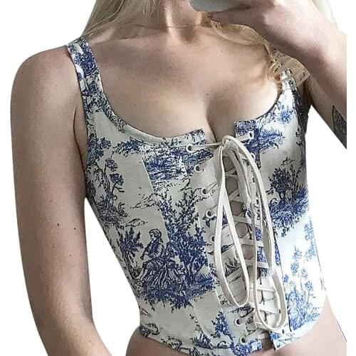 Ladies Sexy Floral Print Tank Top Women Sleeveless Square Collar Bandage Crop Top Bustier Corset Summer Female Casual Camisole