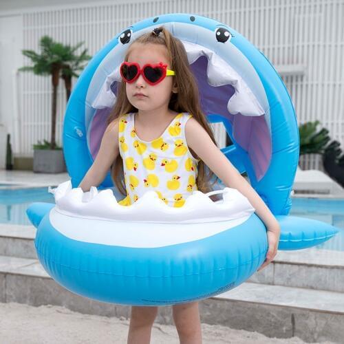 0-3 Years Old Baby Inflatable Shark Pool Float with Sunshade Flamingo Ride-On Swimming Ring Safe Seat Water Toys Infant Circle