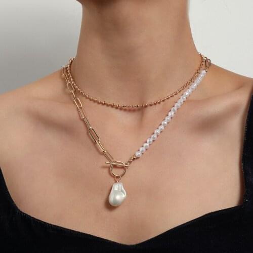 Fashion Asymmetrical Thick Chain Baroque Pearl Pendant Necklace Women Elegant Geometric Clavicle Necklace Colar Jewelry Gift