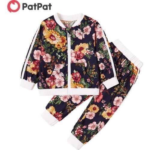 PatPat New Arrival Spring and Autumn 2021 2-piece Baby Toddler Girl Vintage Floral Allover Jacket and Striped Pants Sets