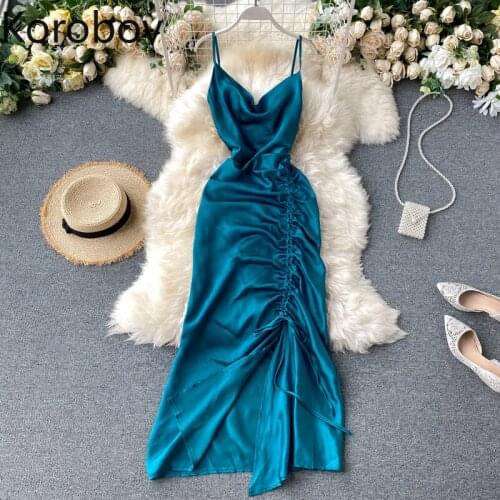 Korobov Korean Fashion Ruched Women Dress 2020 New Summer Elegant V Neck Dresses Sexy High Waist Party Night Vestidos Femme