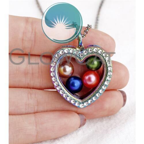 Rainbow Heart Glass Locket Pearl Necklace Pendant fit 8mm Beads Pearl Locket 50cm Steel Chain Necklace C1256