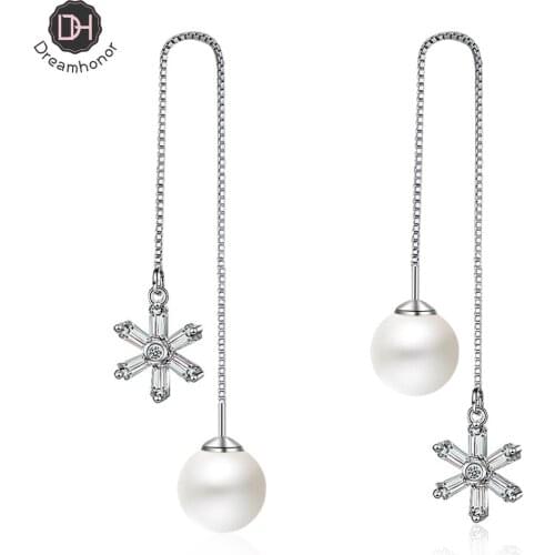 Dreamhonor Zirconia Sunflower Imitation Pearl 925 Sterling Silver Drop Earrings Simple Fashion Wedding Jewelry Accessories