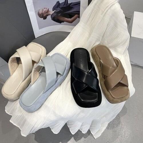 Creepers Cross band slippers women summer modern sandals shoes woman flip flops solid square toe thicken soled slides mujer 2021