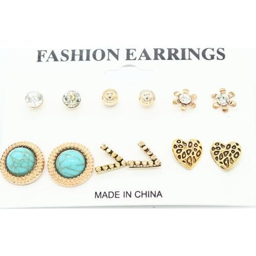 ISINYEE 6 pairs/set Vintage Gold Heart Stud Earrings For Women Girls Antique Silver Star Leaf Crystal Geometric Indian Jewelry