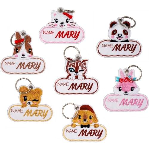 Custom Cartoon Dog Panda Animal Embroidery Patch Kids Name Keychain Baby Kindergarten School Bag Anti-Lost Pendant