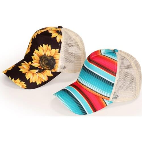100pcs Women Sunflower Baseball Cap Striped Mesh Cross Hallow Out Hats High Messy Buns Trucker Pony Caps Girls Dad Hat W0269