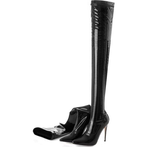 Spring Autumn Woman Black Patent Leather Pointed Toe Boots High Quality Over The Knee Long Boots Thin Heel Slip On Shoes