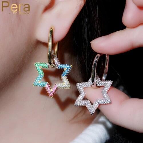 Pera Unique Dangle Big Colorful Hollow Star Shape CZ Zircon 1 Pieces Gold Color Hoop Earrings for Women Party Accessories E682