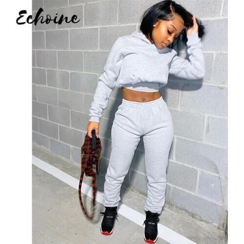 Womens Two Piece Sets Hoodie Outfits Sweatshirt Tracksuit Warm Hooded Long Sleeve Sport Crop Top and Jpgger Sweatpant Sweatsuit