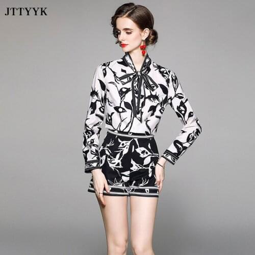 Summer Womens pants Shirt Set Ladies Long sleeve Flower Shirt Top High Waist Wide Leg Shorts Fashion Print Two-Piece Set 2021