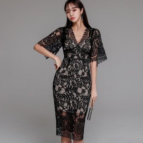 New arrival women fashion bodycon dress korean style temperament summer v-neck elegant sexy perspective lace slim pencil dress