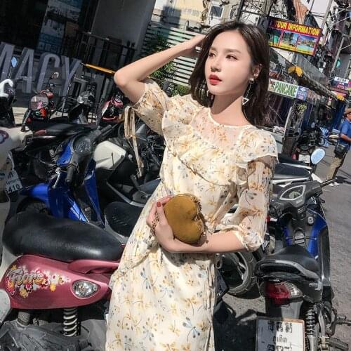 2019 womens beach dress summer vintage ladies three quarter floral print A-line mini dress