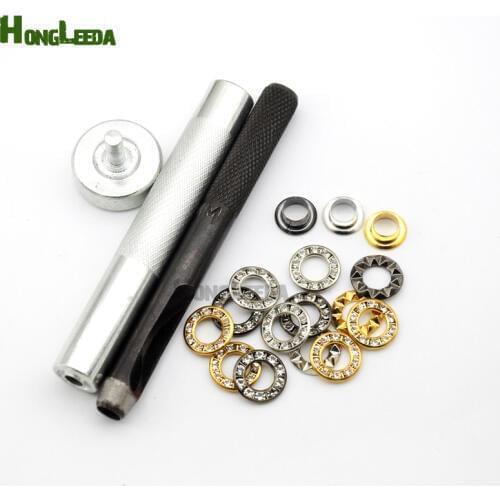 DIY 1 sets hand press tools + 100sets/lot 3colors 12mm round metal brass rhinestone eyelets glass grommets free shipping