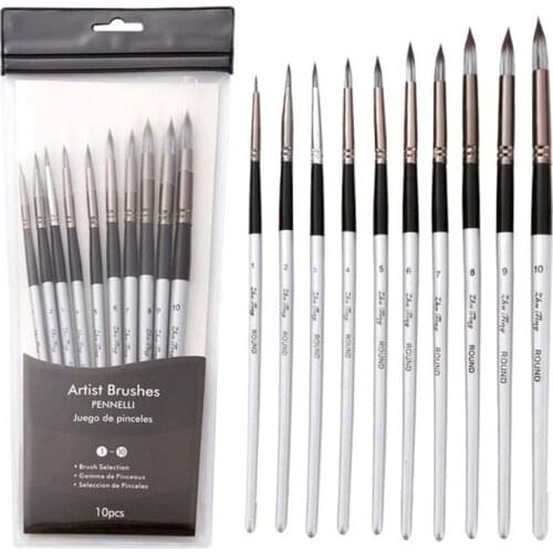 10pcs Round Artist Paint Brushes Set Synthetic Nylon Pointed Tips for Acrylic Oil Watercolor Gouache Art Face Body Painting