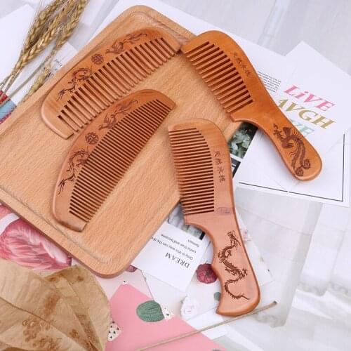 4 Style Natural Close Teeth Anti-static Hair Combs Massage Wooden Head Pain Relief Massager Combs Brushes Peach Wood Comb
