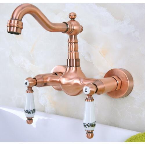 Antique Red Copper Brass Wall Mounted Bathroom Kitchen Sink Faucet Swivel Spout Mixer Tap Dual Ceramics Handles Levers anf950
