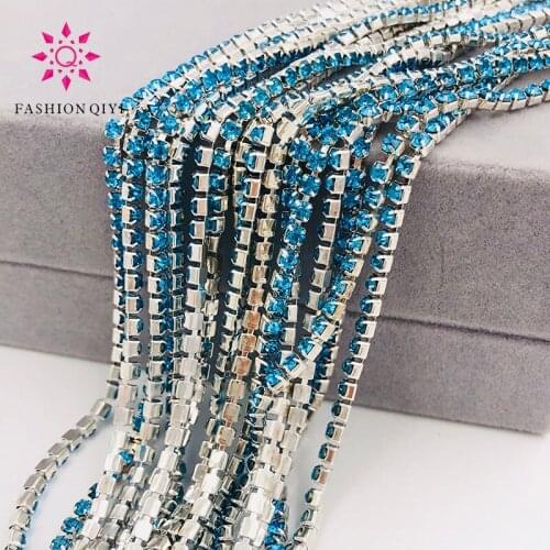 Free shipping 5 yards/bag Super bright encryption Lake blue 2mm-4mm silver base rhinestones cup chain,diy clothing accessories
