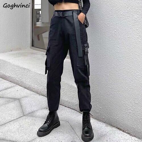 Casual Pants Women Sashes Cargo Safari-style Pockets Unisex BF Loose All-match Ulzzang Streetwear Hip-hop Students Trendy Chic