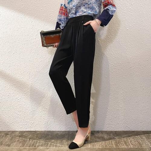 Large size silk trousers nine-point pants loose drape black new mother high-waisted mulberry silk trousers