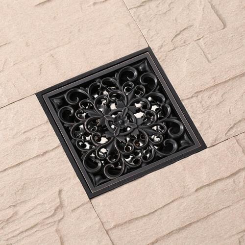 Flower Carved Art Square Bathroom Floor Drain 4" Antique Brass