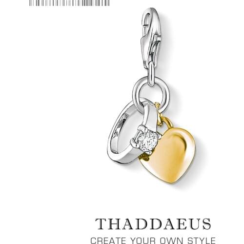 Pure 925 Sterling Silver Trendy Wedding Ring & Gold Color Heart Pendant Charm Gift Fit Bracelet For Women New Fashion Jewelry