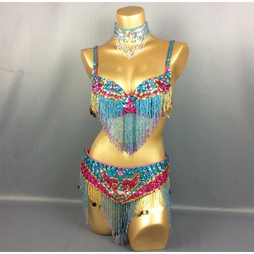 Hot selling belly dance New-Style Sexy handmade beaded 3 piece costumes 5 COLOR,CUSTOM MADE