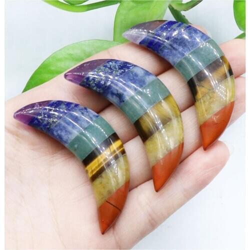 Wholesale 6pcs/Lot Seven Chakras Moon Hand Piece Natural Stone Mosaic Process Healing Meditative Energy Stone
