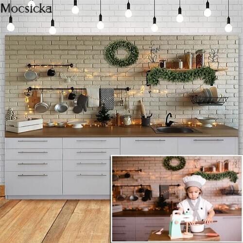 MOCSICKA Christmas Kitchen Backdrops for Photography White Cabinet Brick Wall Decor Chirldren Photocall Background Photo Studio
