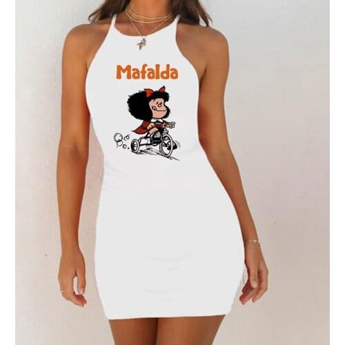 Fashion Sexy Slim Women‘s Dress Kawaii Mafalda Cartoon Print Mini Dress Summer Round Neck Dress Femme Tight Sling Women Clothes