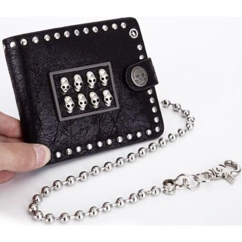 Vintage Punk Rock Men Short Purse Boys Goth Skull Heads Cross PU Leather Biker Hasp Wallet with Long Key Chain Black Coffee