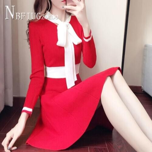 2020 Autumn Winter New Knitting Women Dress Bowknot Long Sleeve Female Bottoming Dresses