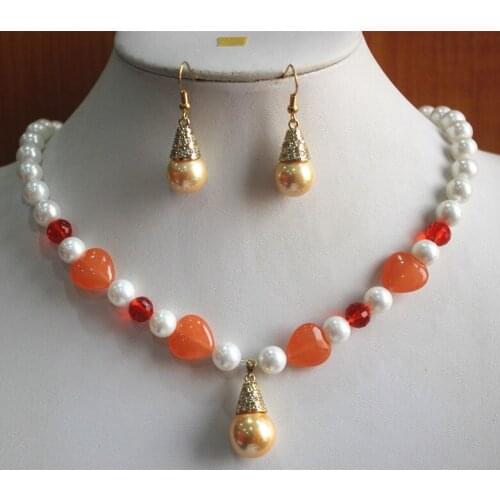 Wholesale 8mm mixed color and material white/red shell pear/stone necklace+14mm yellow pearl earring and pendant jewelry set