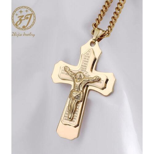 Zhijia Necklace Cross Jesus Pendant Stainless Steel Byzantine Chain Gold Silver Necklace For Men /Woman Free Shipping