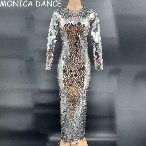 Nightclub Sexy Stage Shining Silver Mirror Mesh Long Dress Birthday Celebrate Transparent Prom Sequins Dress Women Dancer Outfit