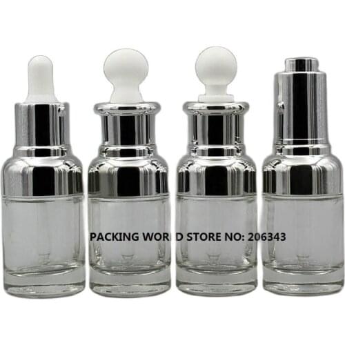 30ml transparent glass dropper bottle silver shoulder/collar white blulb for serum/essence/essential oil/liquid dropper bottle