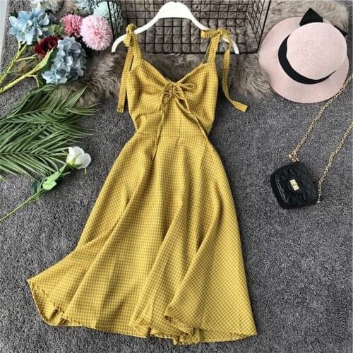 Sexy dress women dress Sweet plaid suspender skirt sleeveless lace-up high-waisted thin backless dress