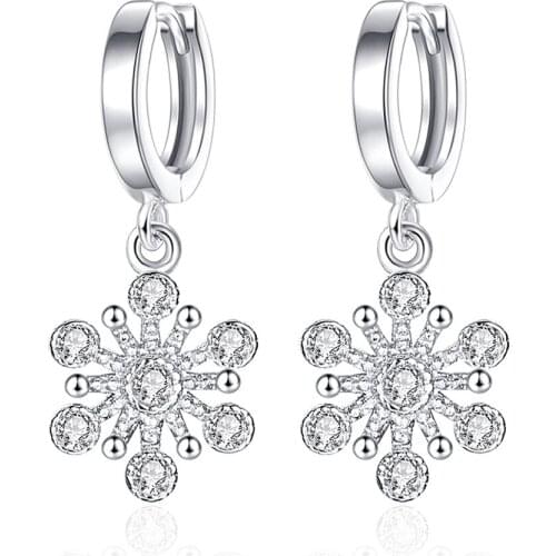 Korean Snowflake 925 Silver Earrings For Women Girls Party Gift Rhinestone Snowflakes Crystal Drop Earrings Women Jewelry