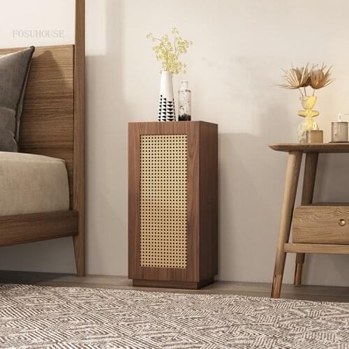 Modern Minimalist Nightstands Solid Wood Bedroom Rattan Creative Storage Cabinet Home Furniture Designer Retro Bedside Table