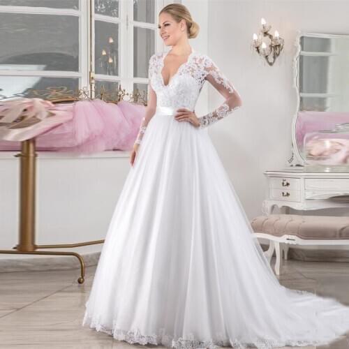 Vestido de Noiva Sexy Decoratio Robe de Mariage A-Line Long Sleeves Wedding Dresses Satin Belt Lace With Beadings Bridal Gowns