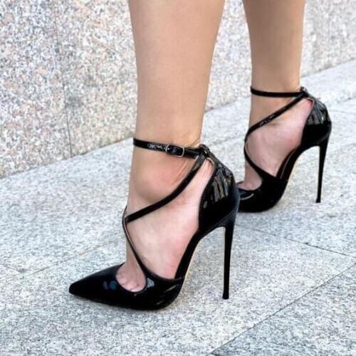 Black Patent Leather Cross Over Stiletto Heels Pumps Pointed Toe Cut-out Ankle Strap Banquet Dress Shoes Women Customized